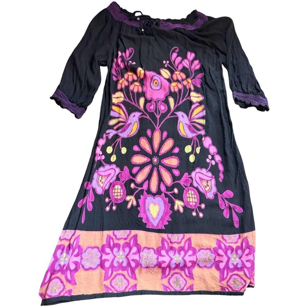 Black Boho Peasant Dress | Bird Floral Print | Smocked Neckline | Size M - Picture 9 of 11